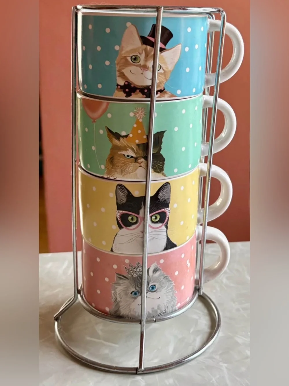 Pier 1 Stackable Cat Mug Set in Aqua, Mint, Yellow and Coral